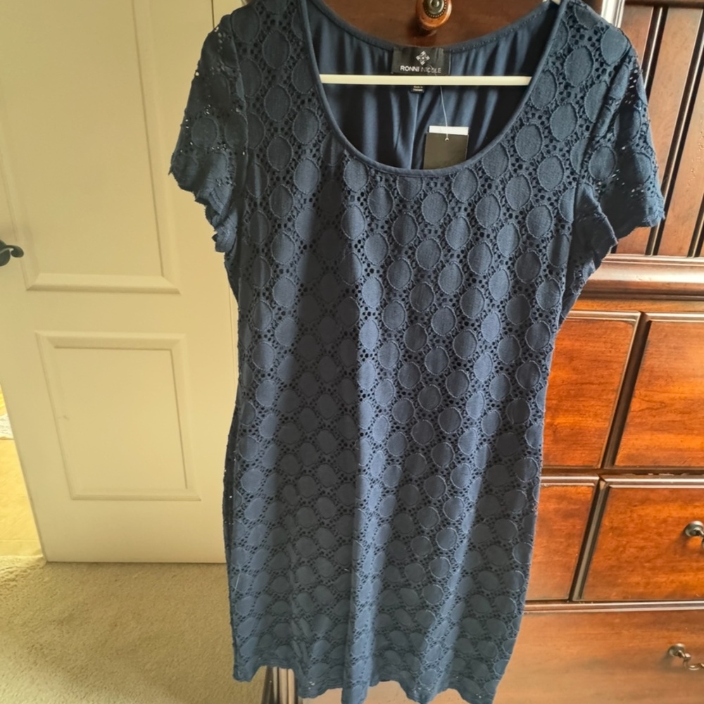 Ladies-Navy Eyelet Dress-Petite